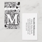 Carte De Visite Lettre monogramme M Simple Floral noir et blanc (Devant / Derrière)