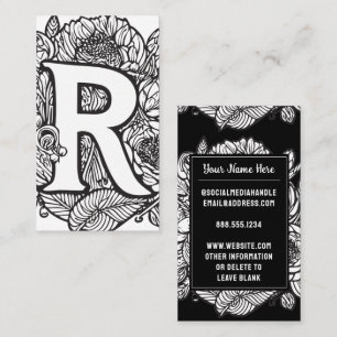 Carte De Visite Lettre monogramme R Fleur florale noire et blanche