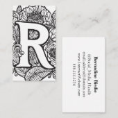 Carte De Visite Lettre monogramme R Simple Floral noir et blanc (Devant / Derrière)