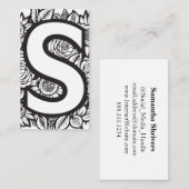 Carte De Visite Lettre monogramme S Simple Floral noir et blanc (Devant / Derrière)