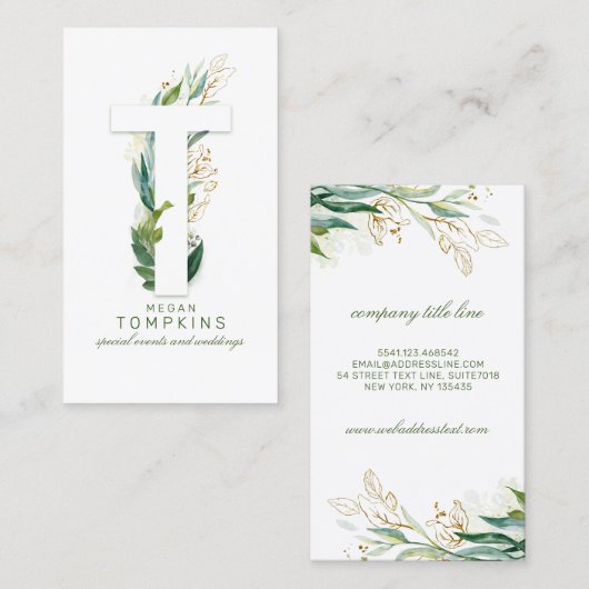 Carte De Visite Lettre T Monogramme Or Verdure Feuille Élégant (Devant / Derrière)