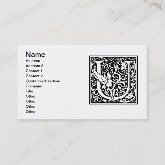 Carte De Visite Lettre U Monogramme médiéval Art Nouveau (Devant)
