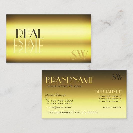 Carte De Visite Lettres de miroir moderne or de luxe avec Monogram (Devant / Derrière)