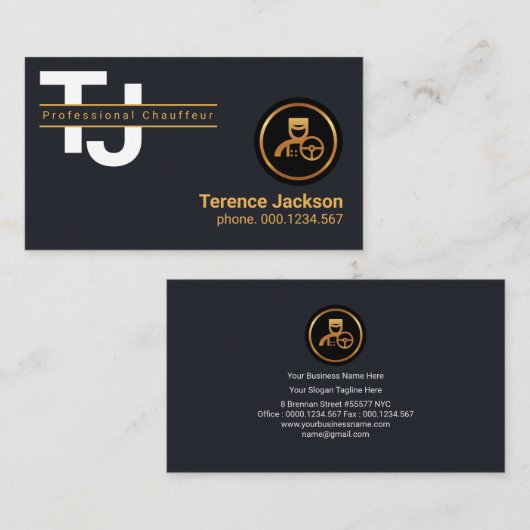 Carte De Visite Lettres Monogrammes Blanches simples Chauffeur Or (Devant / Derrière)