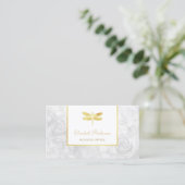Carte De Visite Libellule dorée Marbre blanc Floral (Debout devant)