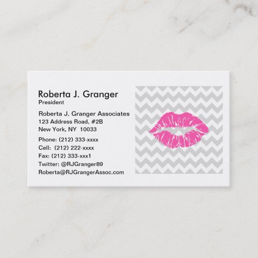 Carte De Visite Lieutenant Gray White Chevron, Pink Lipstick Kiss (Devant)