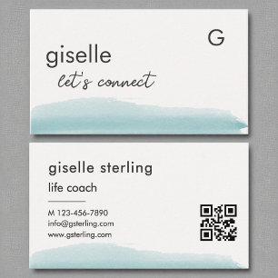 Carte De Visite Life Coach Aquarelle Aqua Blue Brush QR Code
