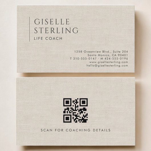 Carte De Visite Life Coach Luxury Neutral Linen QR Code