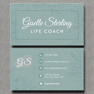 Carte De Visite Life Coach Turquoise Floral Line Art Script