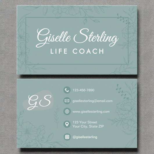 Carte De Visite Life Coach Turquoise Floral Line Art Script