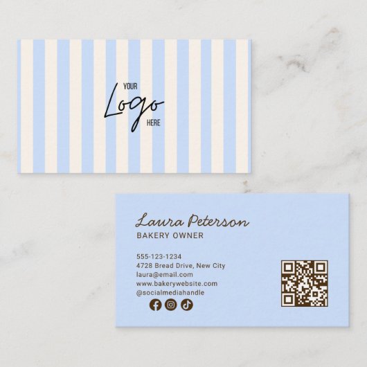 Carte De Visite Light Blue & Ivory Stripes Bakery Logo QR Code (Devant / Derrière)