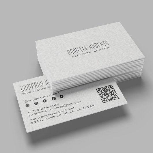 Carte De Visite Light Gray Linen Texture QR Code