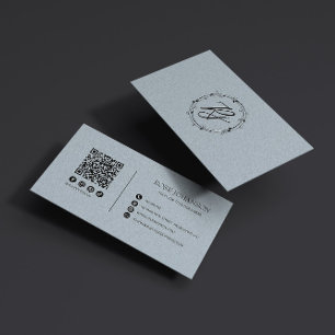 Carte De Visite Light Pastel Blue Monogram QR & Social Media