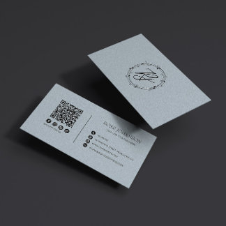 Carte De Visite Light Pastel Blue Monogram QR & Social Media