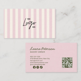 Carte De Visite Light Pink & Ivory Stripes Bakery Logo QR Code