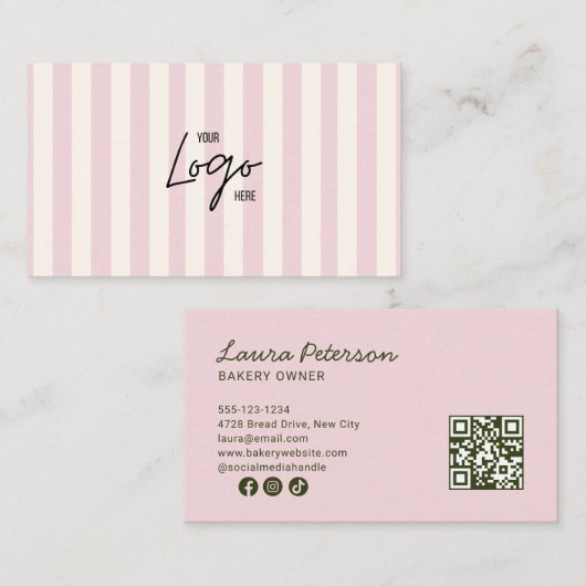 Carte De Visite Light Pink & Ivory Stripes Bakery Logo QR Code (Devant / Derrière)