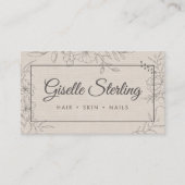 Carte De Visite Ligne de dessin floral Écriture élégante en lin (Devant)