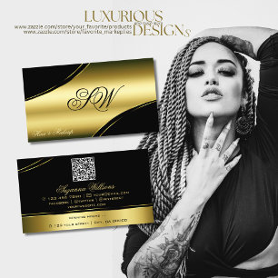 Carte De Visite Lignes courbes or noir Classé Monogramme QR Code