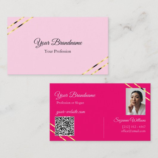 Carte De Visite Lignes dorées roses clair et chaudes avec code QR (Devant / Derrière)