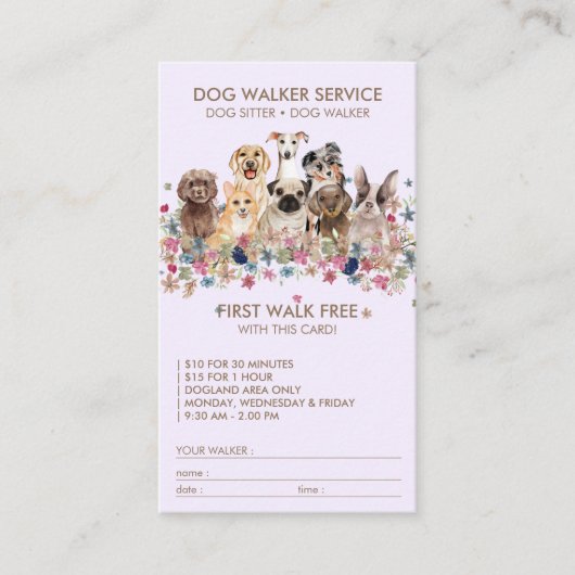 Carte De Visite Lilac Dog Walker Service Nom cadeau gratuit (Devant)