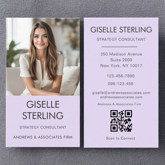 Carte De Visite Lilac Purple Minimale Photo QR Code Moderne