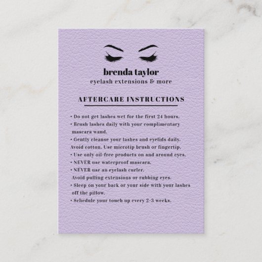 Carte De Visite LILAC Suede Eyelash Browbar Instructions pour les  (Devant)