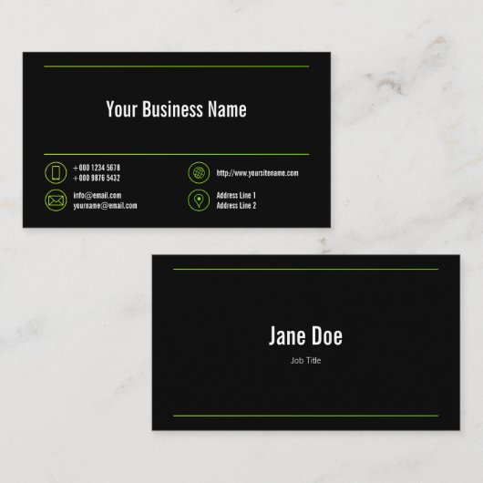 Carte De Visite Lime Green Lines Entreprise Chartreuse Icônes Noir (Devant / Derrière)