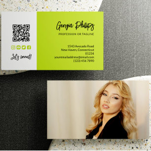 Carte De Visite Lime Green QR Code Photo Médias sociaux Icônes