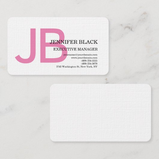 Carte De Visite Lin Gras Monogramme Rose Blanc Moderne Plain (Devant / Derrière)