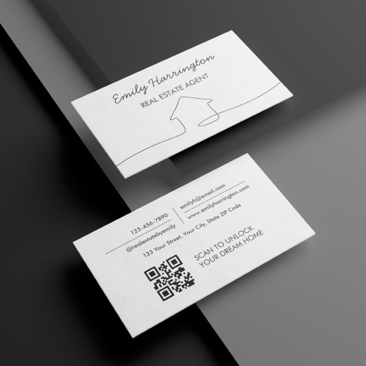 Carte De Visite Line Art QR Code Neutral Real Estate Agent