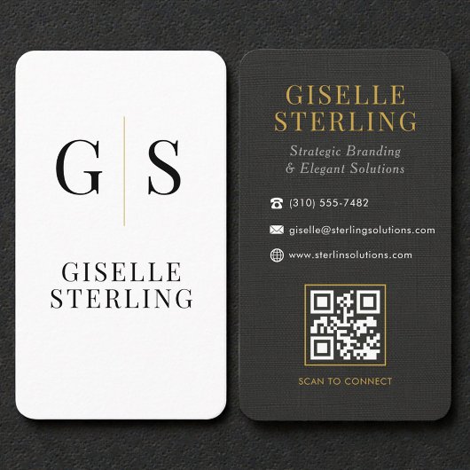 Carte De Visite Linen Black White Gold Monogram QR Code