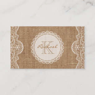 Carte De Visite Linen Burlap Blanche dentelle Monogramme Contact p