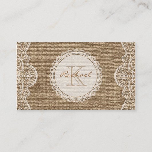 Carte De Visite Linen Burlap Blanche dentelle Monogramme Contact p (Devant)