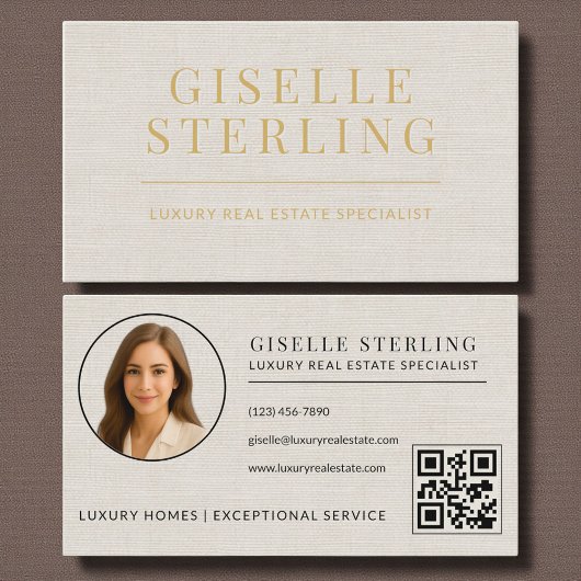 Carte De Visite Linen Gold Real Estate Agent QR Code Photo