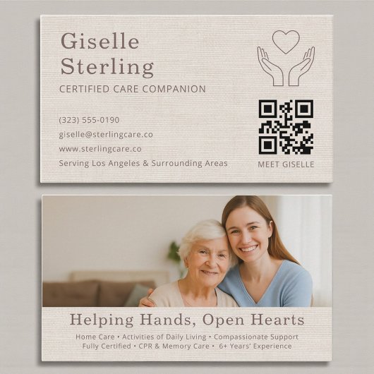 Carte De Visite Linen Home Caregiver QR Code Certified Support