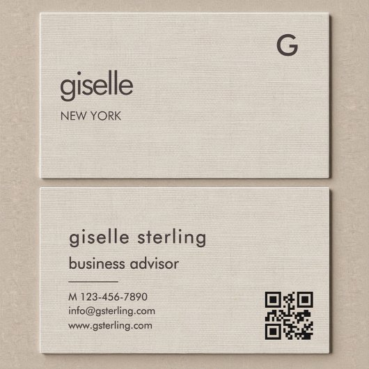 Carte De Visite Linen QR Code Minimalist Monogram 