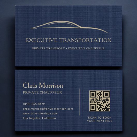 Carte De Visite Linen Transport Car QR Code Navy Blue & Gold