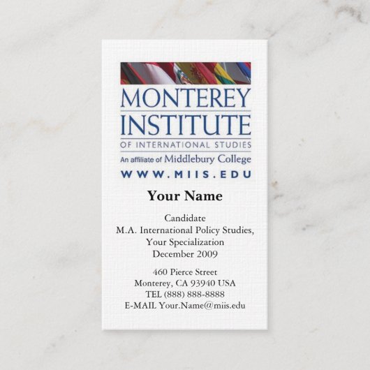 Carte De Visite L'institut de Monterey de l'International étudie (Devant)