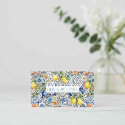 Carte De Visite Lisbon Elegant Mediterranean Lemon Tile Pattern (Debout devant)