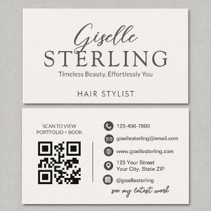 Carte De Visite Liste de cheveux blanc Script moderne QR Code