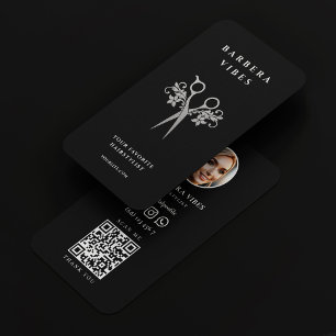 Carte De Visite Liste de cheveux Ciseaux d'argent noir floral mode