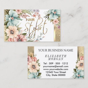 Carte De Visite Liste de cheveux en Joli Floral et Parties scintil