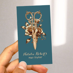 Carte De Visite Liste de cheveux Turquoise et or ciseau Fleur Salo