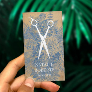 Carte De Visite Liste de cheveux Vintage bleu floral rustique Kraf