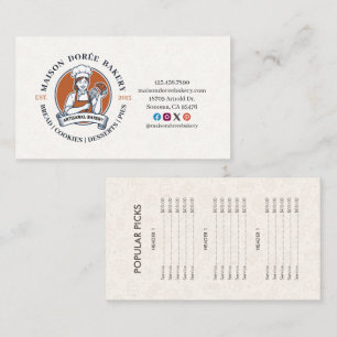 Carte De Visite Liste de prix d'or de la pâtisserie de boulangerie