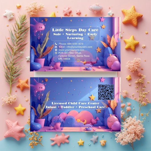 Carte De Visite Little Steps Day Care Code QR Rose Violet Pastel