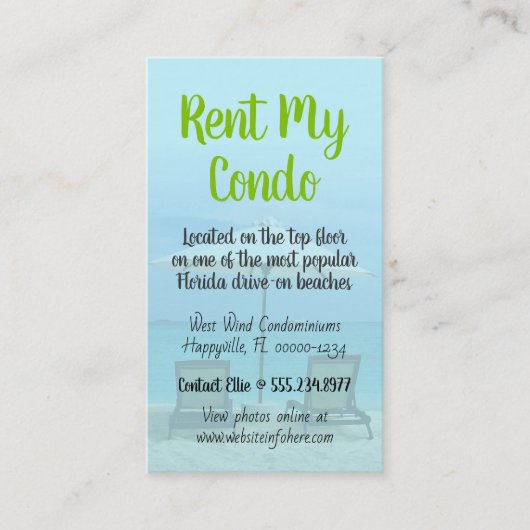 Carte De Visite Location de condo côtier avec chaises de plage (Devant)