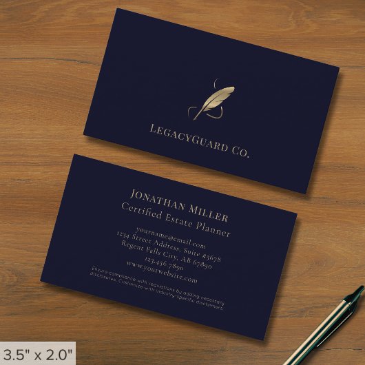 Carte De Visite Logo Blue Professional Luxury Gold Quill