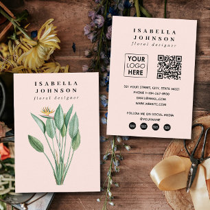 Carte De Visite Logo botanique moderne Pink QR Code Médias sociaux