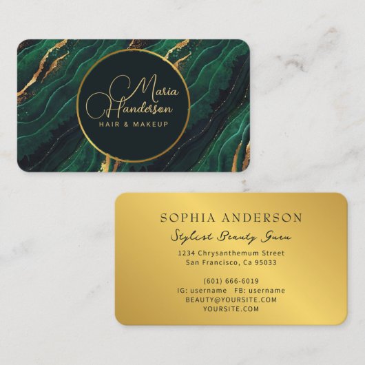 Carte De Visite Logo Chic Gold Sparkly & Dark Green Agate Parties (Devant / Derrière)